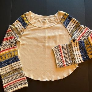 Free People thermal raglan top w/crochet sweater-inset bell sleeve—flawed/stain